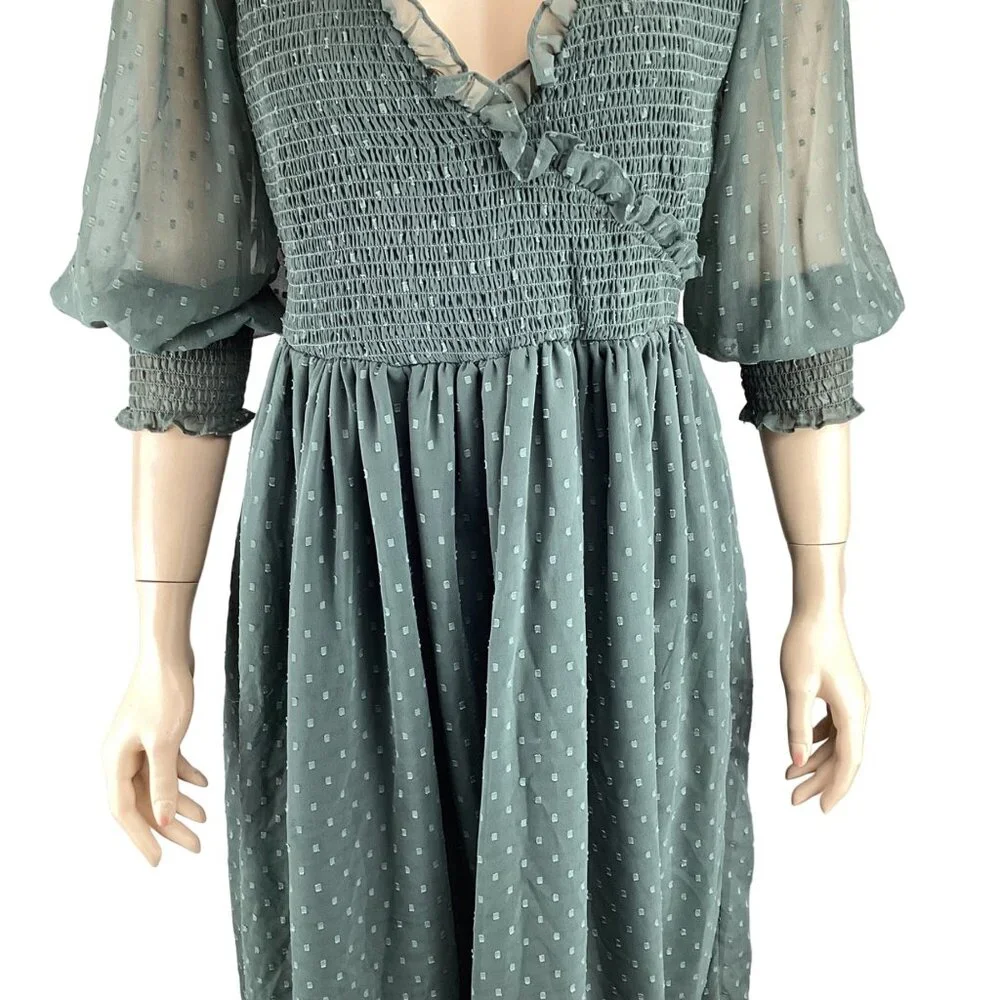 ASOS Design Green Smocked Midi Dress Size 6 Ruffle Trim & Puff Sleeves‎ - Picture 5 of 7